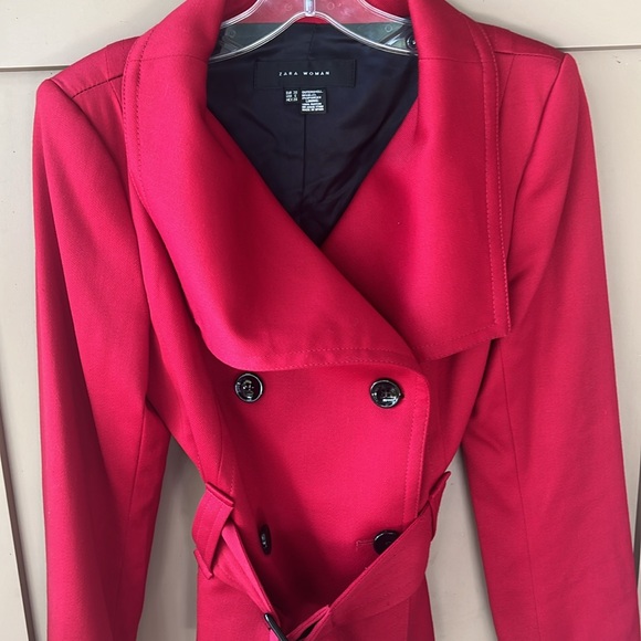 Zara Woman Sz 6 Wool Red Belted  Short Trench Coat Careerwear Contemporary - Picture 2 of 13